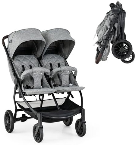 LIFEZEAL Doppelkinderwagen nebeneinander, Faltbares Geschwisterwagen mit Korb, Zwillingsbuggy für Baby 0-3 Jahre, Rückenlehne mit 3 Positionen, Belastung 15 + 15 kg (Hellgrau)