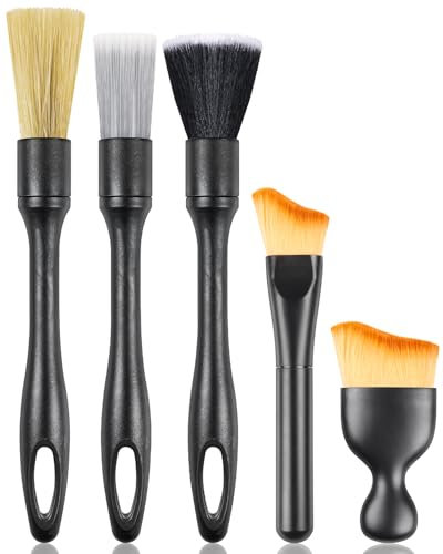 Caianwin 5 Stück Auto Reinigung Pinsel Set, Ultra weiches Car Detailingbürste, Wildschwein Auto Staubbürste, Mikrofaser Auto Innenraum Pinsel für die Reinigung Innen/Außen des AutosI