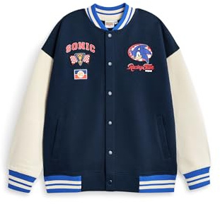 Sonic The Hedgehog Chaqueta bomber para niños| Chaqueta universitaria Sonic Racing Team para niños en Azul | Chaqueta de béisbol con cremallera y estampado de bandera a cuadros del personaje Sonic
