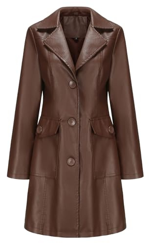 Gabardina de cuero para mujer, informal, con solapa y abertura frontal, de piel sintética, larga, estilo blazer, ropa abrigo, trajes motociclista modernos, color café, talla grande