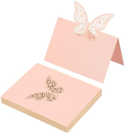 PATIKIL 50Pz Segnaposto per Matrimonio, Cartellini Segnaposto Comunione Eleganti a Forma Farfalla Taglio Laser Tenda Pieghevole per Allestimento Tavolo Buffet Ricevimento, Rosa