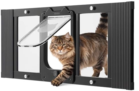 VEVOR Katzenklappe Katzentür Anpassbar an Fensterbreiten (787-914 mm), Wetterfeste Haustiertür mit 4 sicheren Verriegelungsmodi & Aluminiumrahmen & Hochtransparentem Glas & Magnetverschluss, Schwarz
