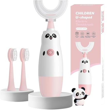 Kids U-Shaped Electric Toothbrush with 2 Brush Heads, Toddlers Sonic with 360 Degree Cleaning, Soft Bristles, Battery Included, IPX7 Waterproof, Cute cartoon for Girls and Boys, Ages 8-13 (Pink)
