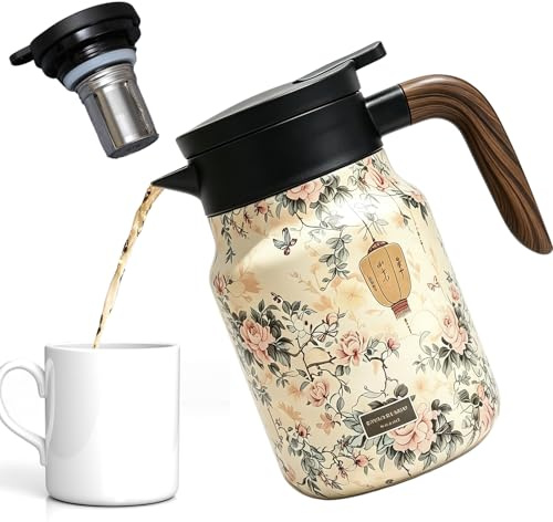 Théière isotherme vintage à motif floral - 1000 ml - Avec infuseur à thé - Avec motif floral vintage - Pour la maison, l'appartement (rose)