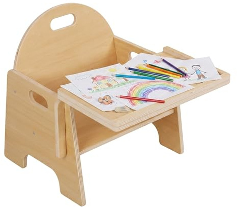 Relaxdays barnstol, integr. barnbord, från 1 år, Montessori, natur | mått: 32 x 33 x 29 cm, barnpall, trä