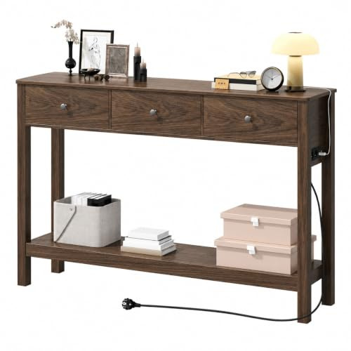 Xbro smalt konsolbord med grenuttag, hallbord med 3 lådor och hylla, sidobord med USB-portar, soffbord för hall, vardagsrum, kök, 130 x 30 x 80 cm, brunt