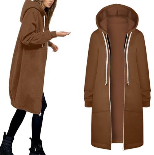 Chaqueta con capucha para mujer, larga, oversized sudadera con cremallera, bolsillos con capucha, cordón, forro polar cálido, otoño e invierno, chaqueta de entretiempo, sudadera con capucha, suéter de