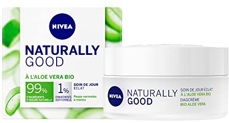 NIVEA NATURALLY GOOD Soin de Jour Coup d’Éclat 50 ml, Soin visage avec 99% d’ingrédients d’origine naturelle, crème de jour à l'Aloe Vera BIO & aux huiles précieuses