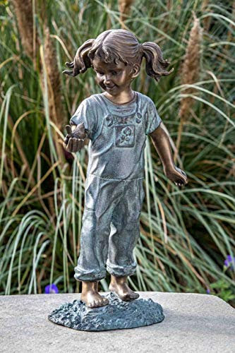 IDYL Bronze-Skulptur Mädchen mit Vogel in der Hand | 50x27x20 cm | Kinderfigur aus Bronze handgefertigt | Garten - Teich-Dekoration | Hochwertiges Kunsthandwerk | Wetterfest