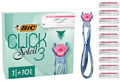 BIC Click 3 Soleil Sensitive Rasierer Damen, Nassrasierer mit 10 Wechselklingen mit je 3 Klingen, mit Aloe Vera & Vitamin E, aus recyceltem Material