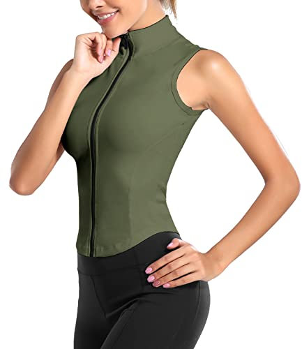 FEOYA Slim Fit full dragkedja sportväst för kvinnor ståkrage ärmlös yogatoppar smal löpning träning gym väst sportkläder fitness linne med böjd fåll elastisk stretch magtröja S-XL, Armégrönt, L
