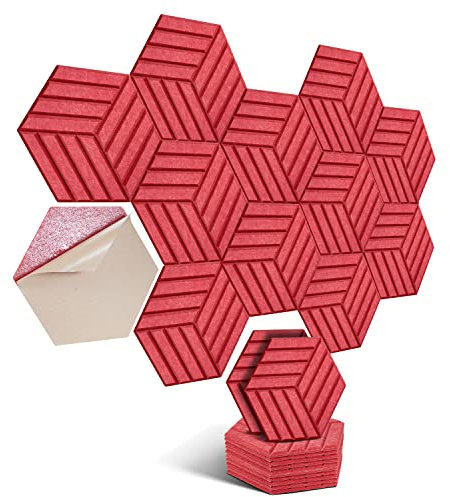 Hexagon, pannelli acustici autoadesivi, 12 pezzi, assorbitori acustici, ad alta densità, per pareti, soffitti, legno e porte, pannelli acustici, 30 x 26 x 0,9 cm, strisce rosse