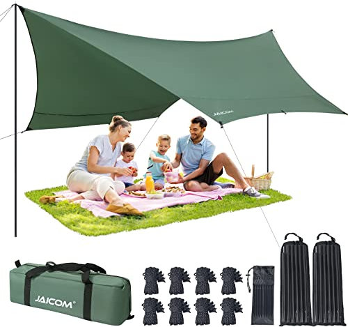 JAICOM Tarp 3,7 x 4,3 Wasserdicht, Ultraleicht Zeltplane Mit Stützstangen, Ösen, Aluminiumstiften, Nylonseil, UV und Regenbeständig, Geeignet für Zelte, Hängematten, Höfe, Strandsonnenschutz