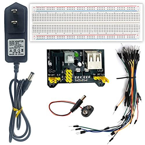 Electronic Component Power Supply Module Assorted Kit for Arduino, Raspberry Pi, UNO, Minidodoca Arduino breadboard Power Supply Kit Include 830P Breadboard,Power Module,Jumper 9V 1A Adaptor