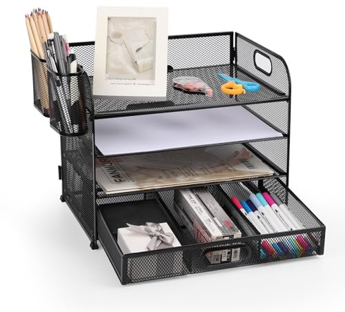 Mesh Letter Tray Organizer, Office Desk Tidy Organizer File Document Holder A4 Paper Fiing Trays for Home Office School (Mesh Metal-4 Tier+Drawer+Pen Holder)