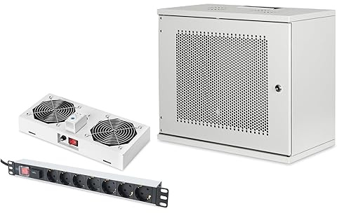 DIGITUS Set: Armario de Red 19 9U + Ventilador de Techo + regleta de 7 Puertos // Rack 19 - Sin Montar - Montaje Mural - Capacidad de Carga 60 kg - Profundidad útil 170-270 mm - Puerta de Acero
