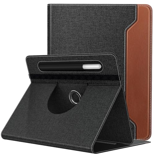 TiMOVO Étui Compatible avec Tablette 9-11 Pouces, Étui de Protection en PU, Coque pour Tablette Rotative à 360 Degrés avec Poche, Couverture de Protection pour Tablettes 9-11 Pouces, Denim Noir & Brun