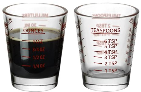 Versatile Heavy-Duty Glass Measuring Shot Glasses - Easy Read for Cooking, Espresso, and Medicine, 1 Ounce, 6 Teaspoons, 2 Tablespoons, 30Milliliters, Dishwasher Safe, 2-Pack