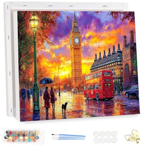 MEIYUDA Pintar por Numeros Adultos con Marco Londres al atardecer, Cuadros por Numeros Pigmento Acrílico, Pintura por Numeros Kit Manualidades Adultos, Decoración para el Hogar 40x30cm(Caja regalo)