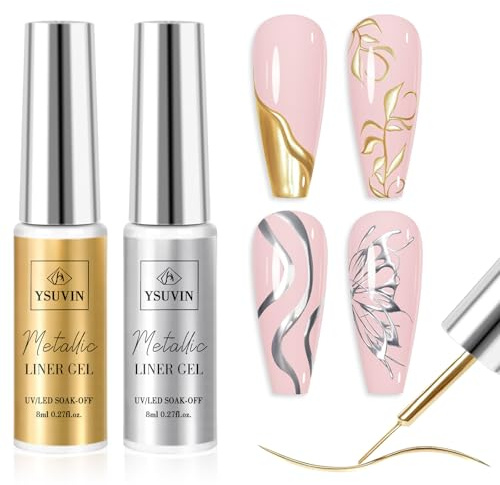 YSUVIN Esmalte Semipermanente de Uñas Liner en Gel UV LED, 2 Colores Oro Plata Efecto Espejo Pintado Pintauñas gel liner, 8ML Esmaltes de gel de uñas