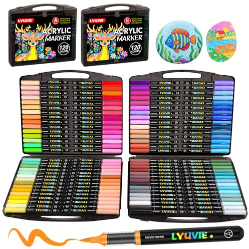 Lyuvie 120 Couleurs de Feutre Acrylique, Acrylic Paint Marker à Peinture à Base D'eau, Marqueur Peinture Acrylique pour la Peinture sur Pierre,Bois, Papier, Tissu, Galets, Verre, Plastique