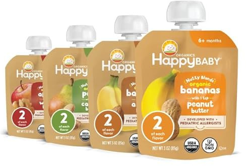 Happy Baby Organics Nutty Blends Stage 2, Fruit and Nut Butter, Allergen Introduction in Baby Appropriate Texture, for 6+ Months, 8 Variety Ct