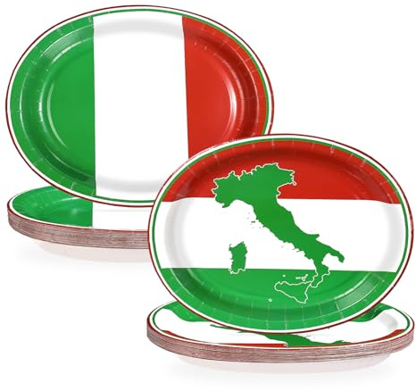 50Pcs Italian Flag Oval Paper Plates 10 x 12 Large Heavy Duty Italian Flag Disposable Dinner Plates Red White and Green Dessert Platters for Pizza Baby Shower Family Gathering Party Decorations