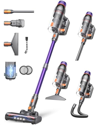 Aspirador de escoba inalámbrica, potente aspirador a batería con gran potencia de succión, ligero y recargable, aspirador portátil para alfombras, suelos duros, pelo de animales, hogar y coche