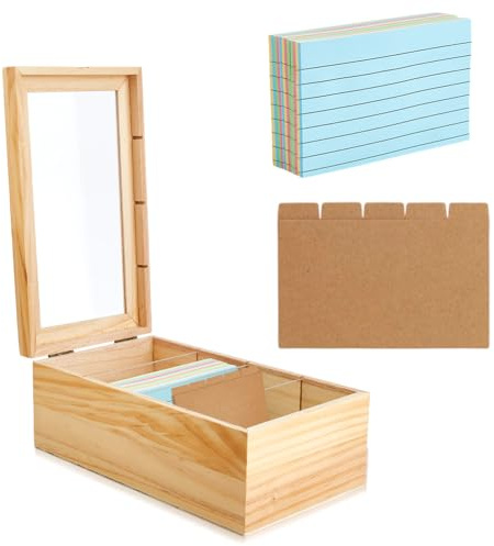 DICOSMETIC Lot de 3 boîtes de 5 porte-cartes avec intercalaires en bois - Boîte de rangement à 4 compartiments pour recettes - Avec 5 intercalaires et 300 feuilles de notes autocollantes - Pour bureau
