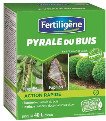 Fertiligène FBACPYR - Insecticide Pyrale du Buis Naturel 20 g - Action Rapide - Elimine chenilles et Papillons - Pratique, sachets-doses faciles à diluer - Jusqu'à 200 m² et 40 L de Solution dilluée