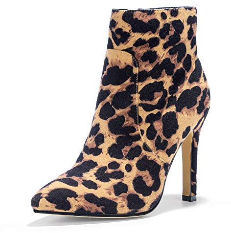 IDIFU Leopard Ankle Boots for Women High Heel Pointed Toe Boots Side Zipper Stiletto Booties (Leopard Suede, 9.5 M US)