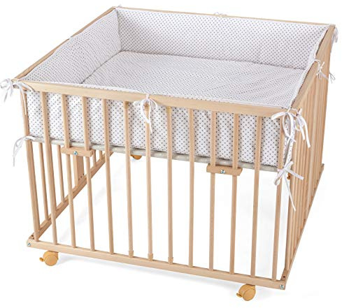 WALDIN Baby Laufgitter/Laufstall ca. 100 x 100 cm, BUCHE MASSIV, höhen-verstellbar, 2 Modelle wählbar, natur unbehandelt, Stoff weiß/Punkte grau