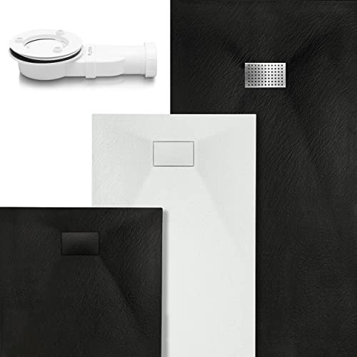 VILSTEIN Duschwanne 140x80 cm | Steinoptik, Schieferoptik | Design Duschtasse | Flach, Antirutsch | Schwarz | inkl. Standard Abdeckung