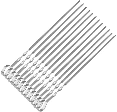 SDMAX Kebab Skewers, Set of 12 BBQ Grilling Skewers Flat Reusable Metal Skewer Sticks for BBQ, Cocktail, Shish Kabob, Party Essentials, 38cm