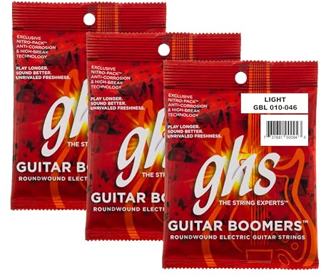 GHS Boomers Electric Guitar Strings – Nickel-Plated Steel – Bright, Balanced, Long-Lasting Tone – Smooth Feel & Stable Tuning – USA Made – Light Gauge 10-46 (GBL Set) 3 SETS