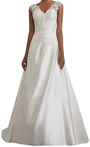 YOUCAI Robe de Mariée Femme Longue Col en V en Dentelle Taille Empire sans Manches de Soirée de Mariage en de Bal