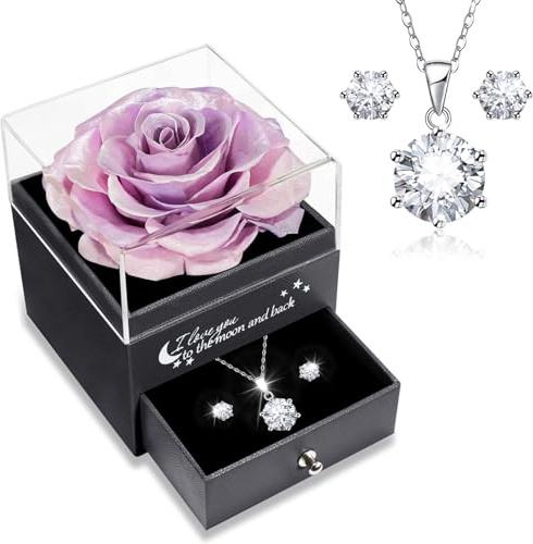 Sunia Rose Eternelle avec Bijoux Argent 925, Coffret Cadeau Femme, Collier et Boucles d'oreilles,Cadeau Anniversaire Femme,Vraie Rose Préservée avec Collier, Cadeau Fete des Meres,Coffret Cadeau Maman