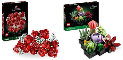 LEGO Icons Succulents Artificial Plants Set 10309 + Bouquet of Roses 10328, Artificial Flowers Set for Adults, Botanical Collection, Home Décor Accessories, Gifts for Women, Men, Her or Him, Relaxing