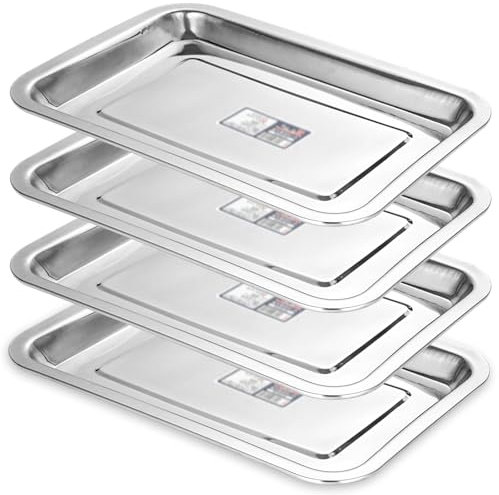 WOPPLXY Lot de 4 Plateau de Service, 31 x 21 cm Plats et Plateaux, Plateau Inox en Acier Inoxydable