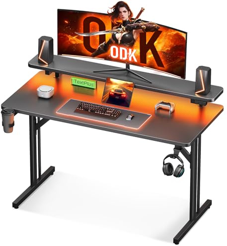 ODK Gaming Tisch, Kleiner Gaming Schreibtisch mit LED Beleuchtung, 100cm Computertisch mit Monitorablage, Carbon Fiber Schwarz PC Gamer Tisch