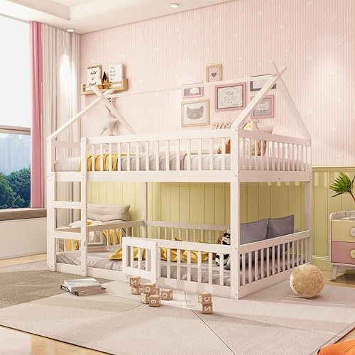 YESGIGA Lit superposé pour enfant 90 x 200 cm, avec escalier, design loft, cadre de lit superposé en bois massif (blanc, 90 x 200 cm)