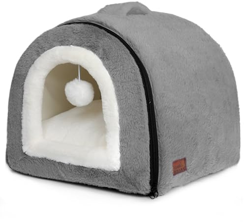OMIVIER Lit pour chat d'intérieur - Niche pliable - Fond antidérapant et résistant à l'eau - Maison pour chats ou petits chiens d'intérieur - Tente pour chaton, lit pour lapin - Lit 2 en 1 (gris foncé
