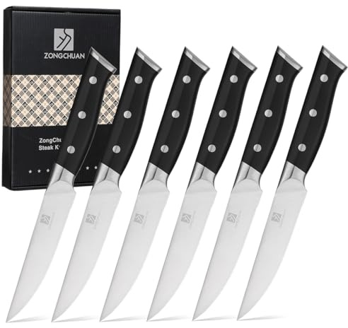 Steak Knives,4.5 Inch Steak Knives Set of 6, Micro-Cutting Point Serrated Edge, Very Sharp Steak Knife, Dishwasher Safe, 50CR15MOV Stainless Steel, Handle Ergonomic And Full Tang Design With Gift Box