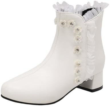 Xytraiihw Stivaletti da Donna Eleganti Stivaletti in Pizzo con Volant in PU con Cerniera Laterale Stivaletti con Punta Tonda Tacco Alto Autunno Inverno Stivali Corti,Bianca,36