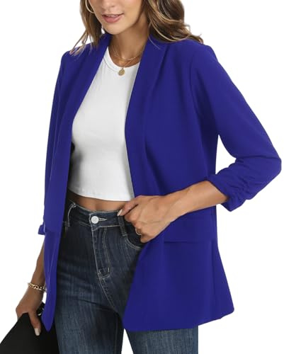 YOUNIFIZ Womens Blazers Casual Ruched 3/4 Sleeve Jackets Open Front Business Work Office Blazer Jackets with Pockets Royal Blue