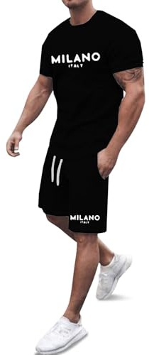 Bauzuoyo Traje de verano para hombre con estampado de letras, traje corto para el tiempo libre, camisetas de negocios y pantalones deportivos, juego de dos piezas, traje holgado, hip hop, ropa de