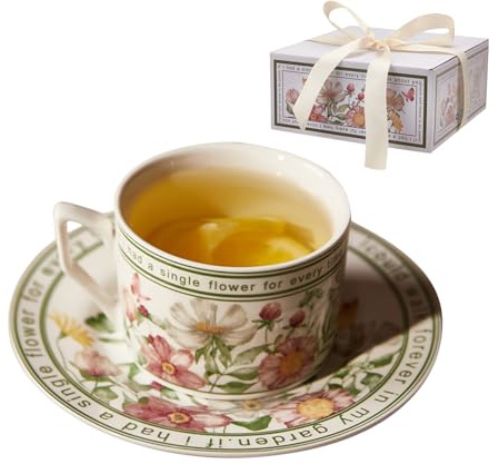 Set di tazze da tè decorative – da caffè in ceramica con motivo floreale, graziosa coppia di piattini, idea regalo creativa per la collezione di bicchieri mattutini, set di tazze da cappuccino