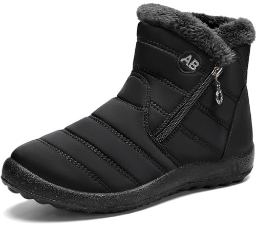 AWZFPC Mens Winter Snow Boots Water-Resistant Ankle Boots Fur Lined Warm Walking Boots Outdoor Anti-Slip Side Zipper Hiking Shoes Fashion Comfortable Mid Calf Shoes All_Black Size 8