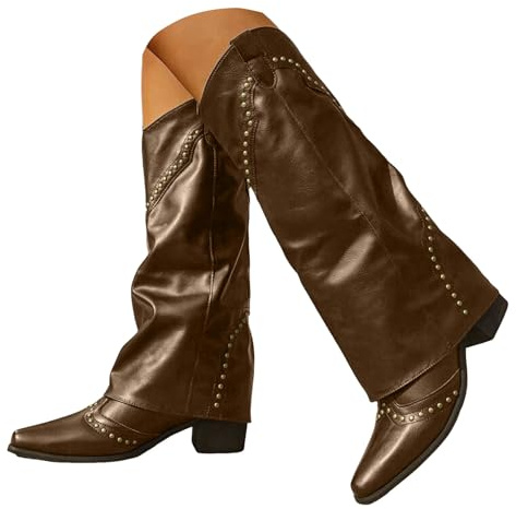Xbemkste dam knähöga stövlar vintage nitar hög slip-on cowboystövlar med revers blockklack spets tå västerländska stövlar långa stövlar vattentät stövlar vinterstövlar