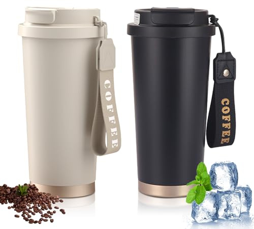 2 stycken kaffemuggar To Go: 530 ml flipskydd, termosmugg i rostfritt stål, termosmugg med sugrör och handtag, dubbla väggar, läckagesäker och isolerad, kaffekopp, håller i 6–12 timmar varm